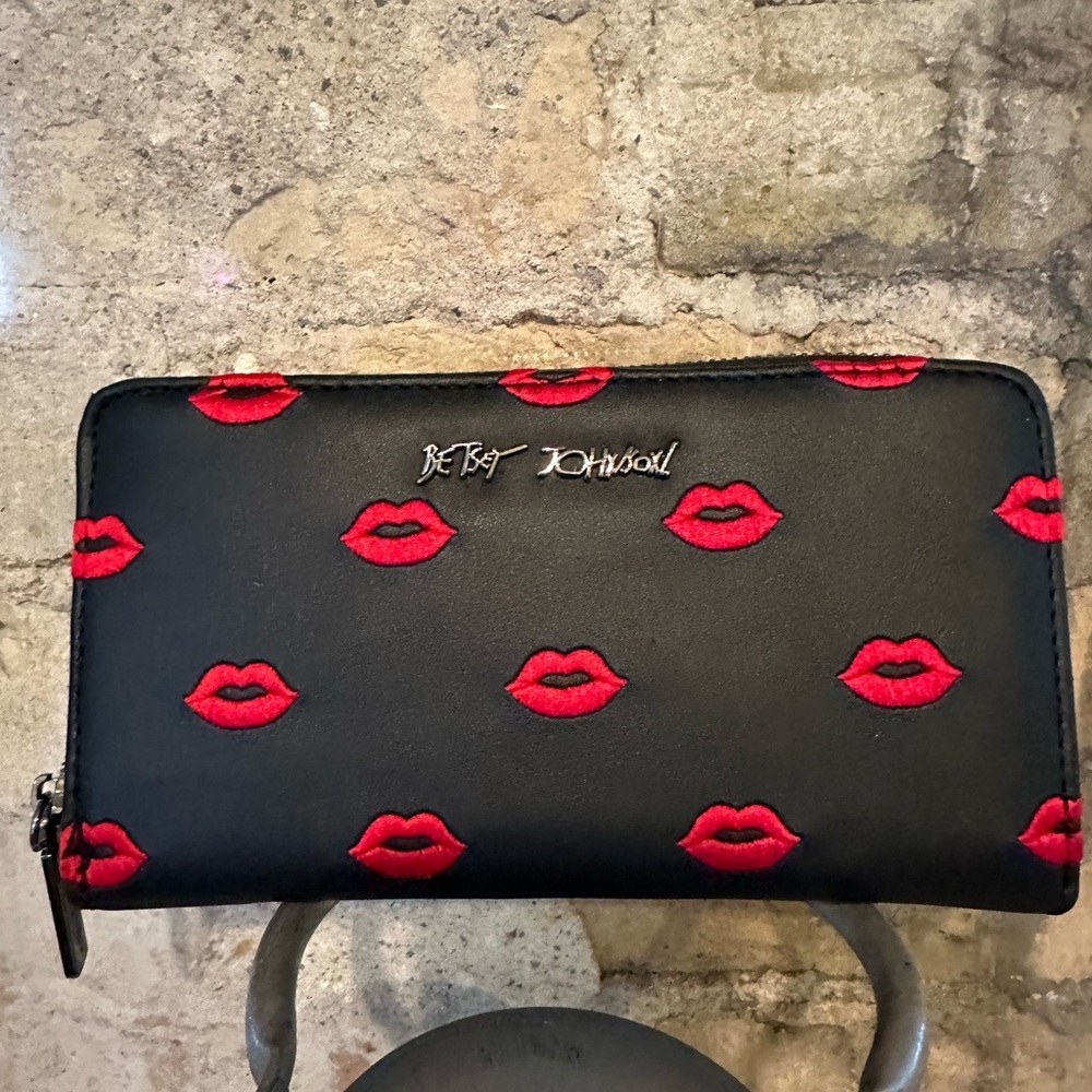 Betsey Johnson Black and Red Lip Embroidered   Wallet